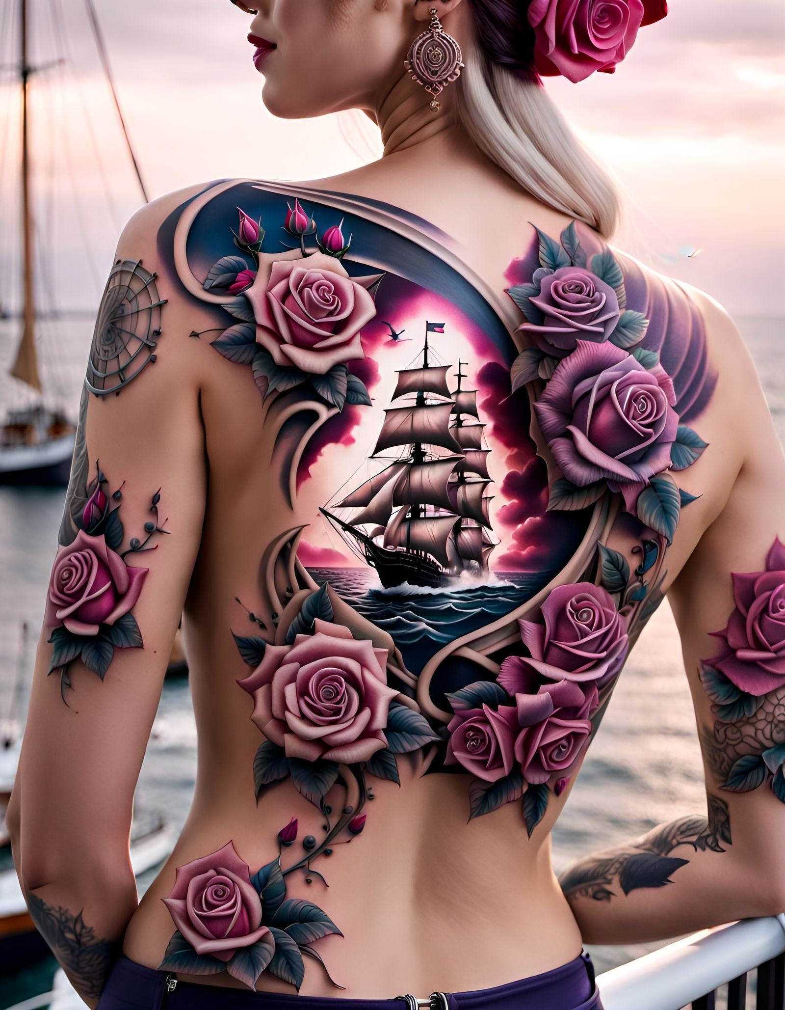 Sailor's Tattoo: 3D Ship and Roses
