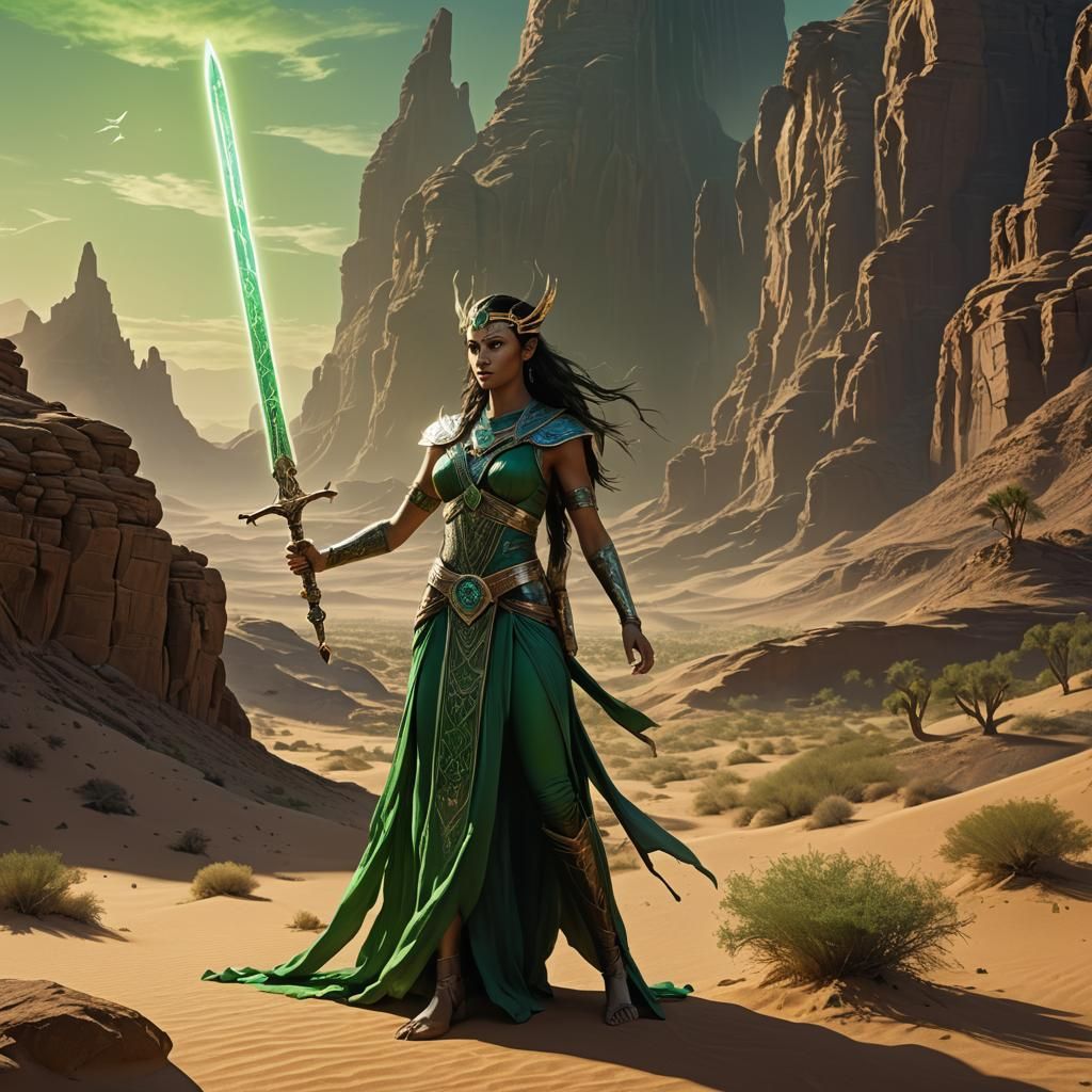 Elvish Priestess in Desert with Glowing Sword