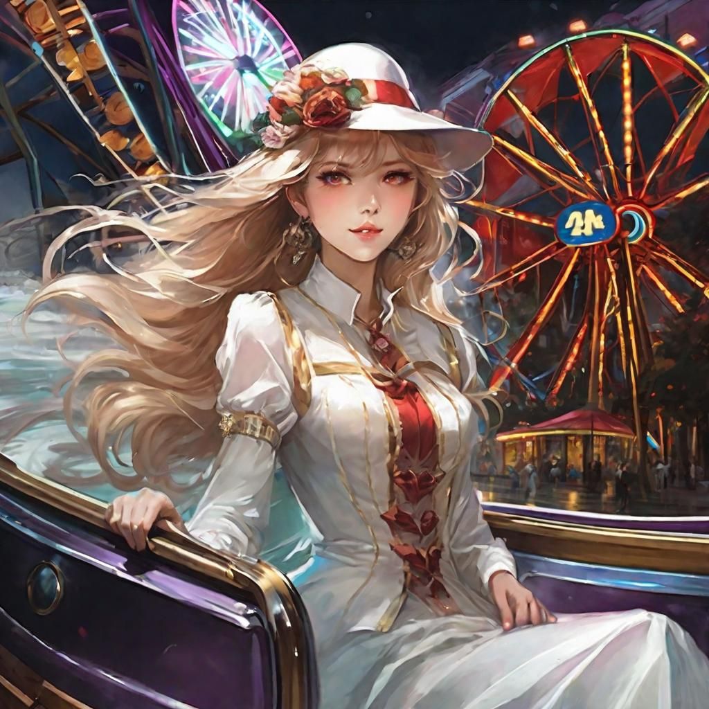Anime Portrait with Themed Park in Hat, Art Print