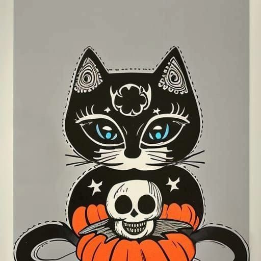 Whimsical Halloween Cat with Skull Mask