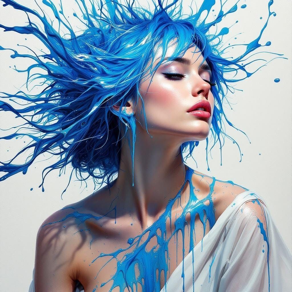Woman with Flowing Liquid Paint Hair in Impasto Style