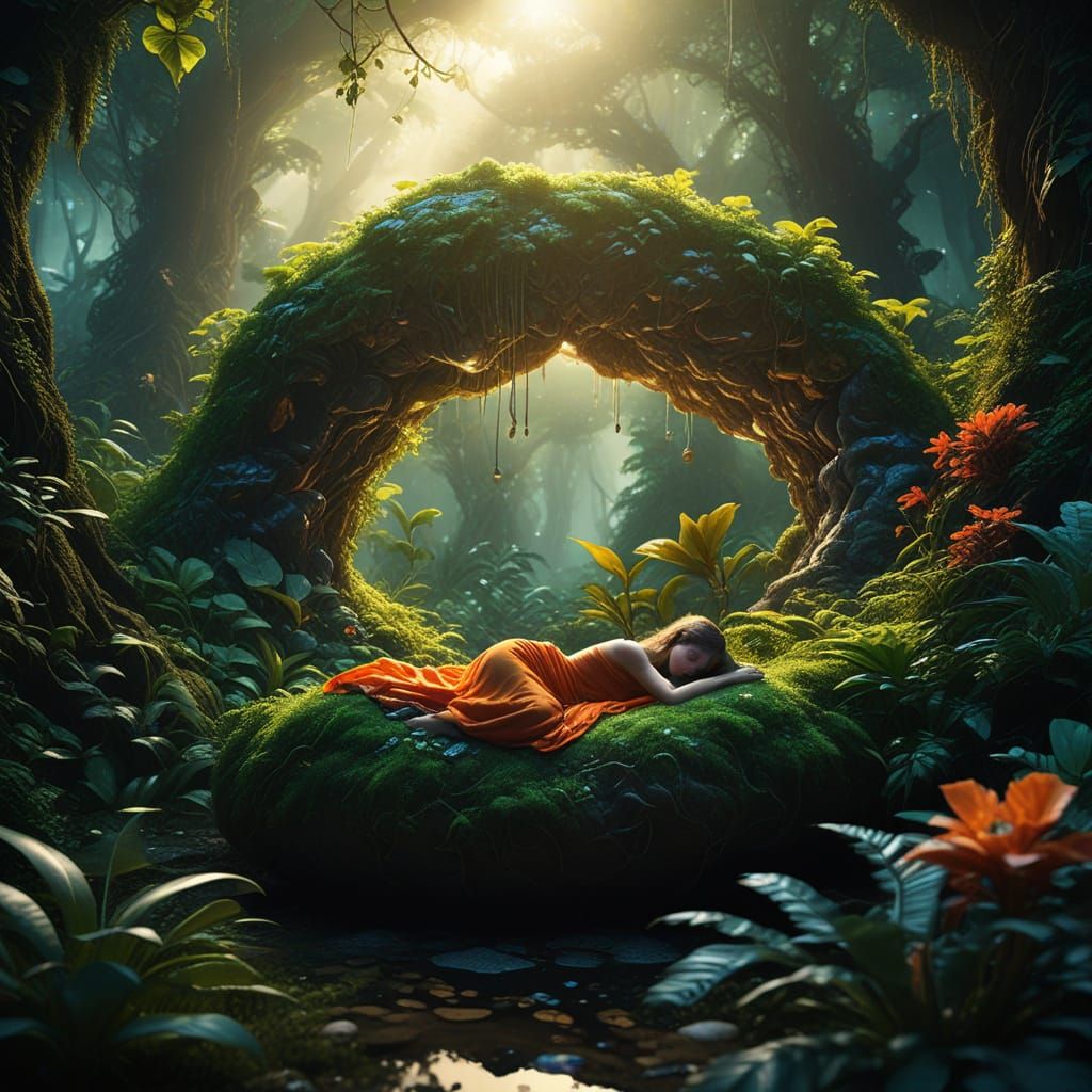 Dreamlike Slumber on Geode in Surreal Jungle