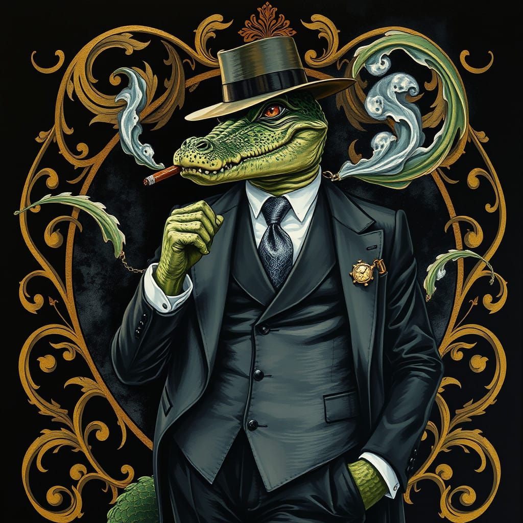 Art nouveau border, alligator gangster wearing a three piece...