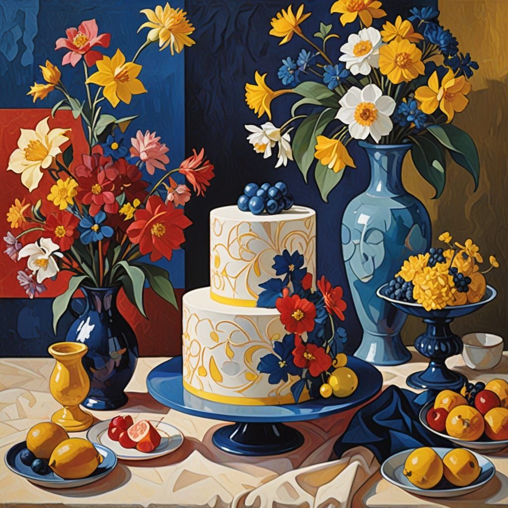 Colorful Still Life with Aztec and Art Deco Influences