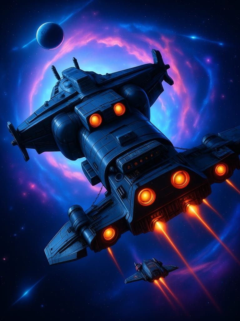 Sci-Fi Spaceship Navigating Cosmic Vortex