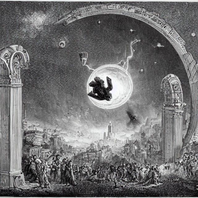 Flying Saucer Bursts Through Portal Above Ancient City