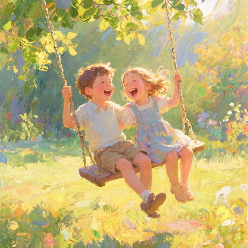 Children Swinging in Sunlit Garden, Impressionistic Oil Pain...