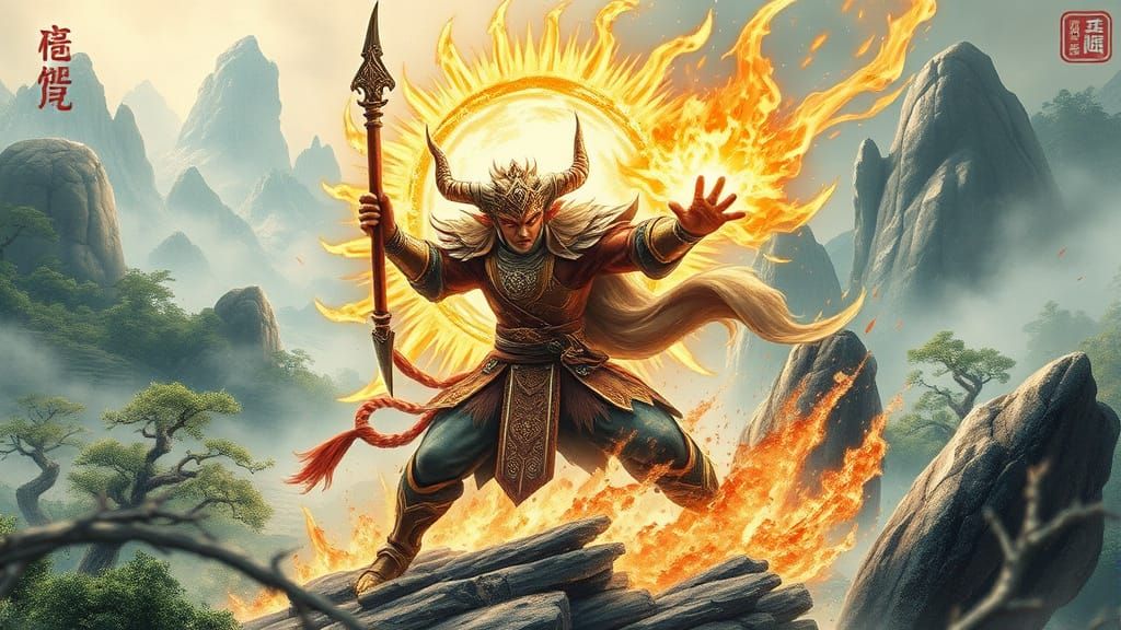 Herne the Hunter, dressed in ornate, mystical armor, unleashes his Super Saiyen fury, surrounded by a halo of golden ene...