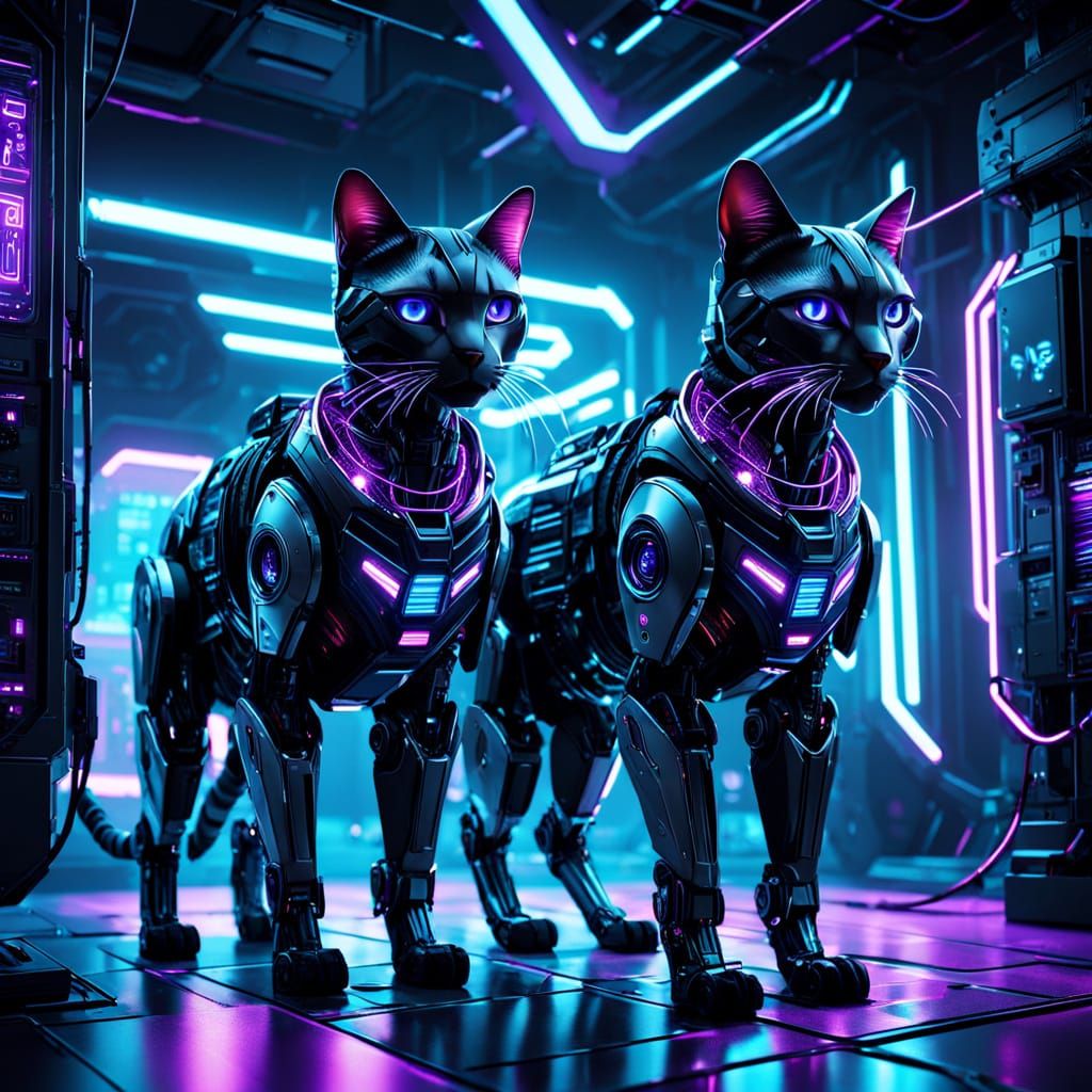 Cyberpunk Cats in Robotic Exoskeletons Unleash Futuristic Po...
