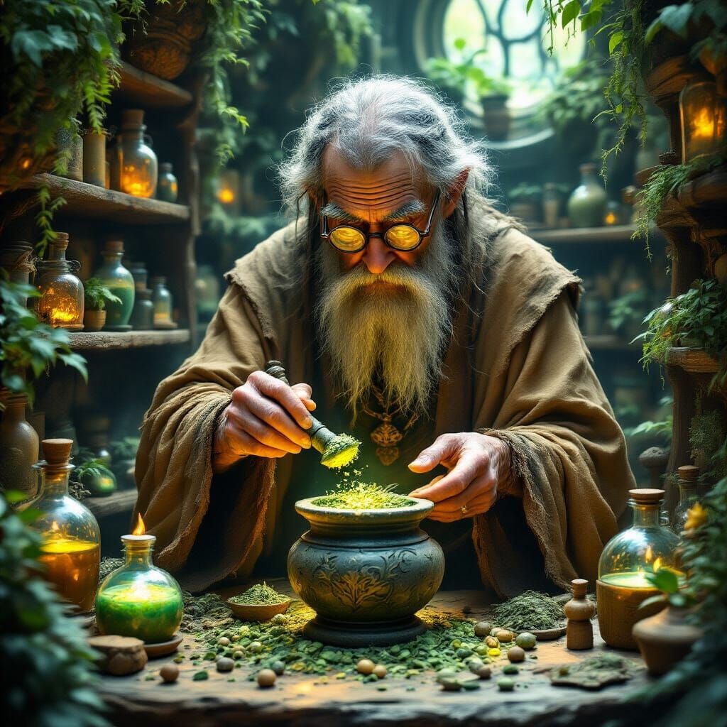 Mystical Apothecary Scene with Herbalist