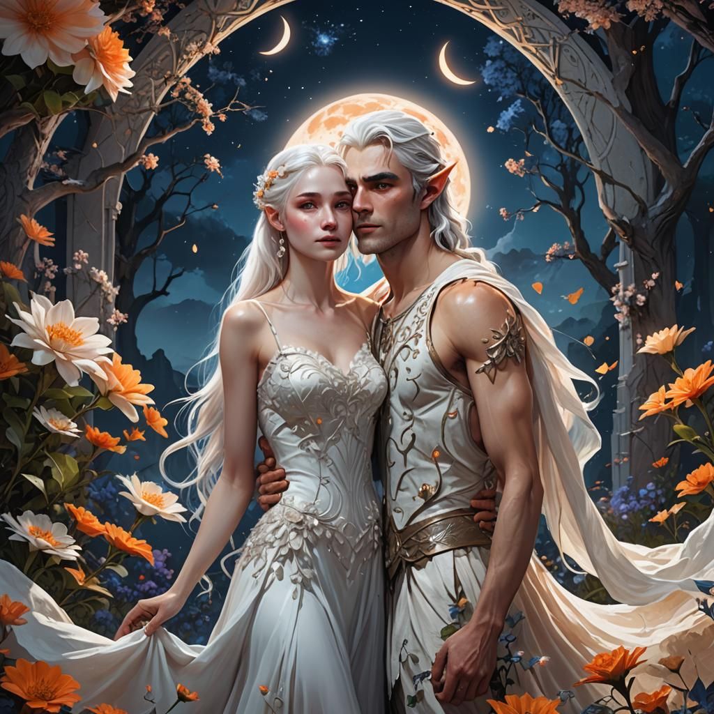Magical Elf Embrace Under Moonlit Flowers