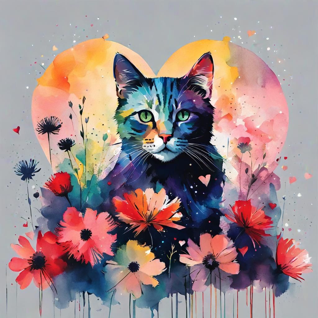 Watercolor Cat Surrounded by Flowers and Lights