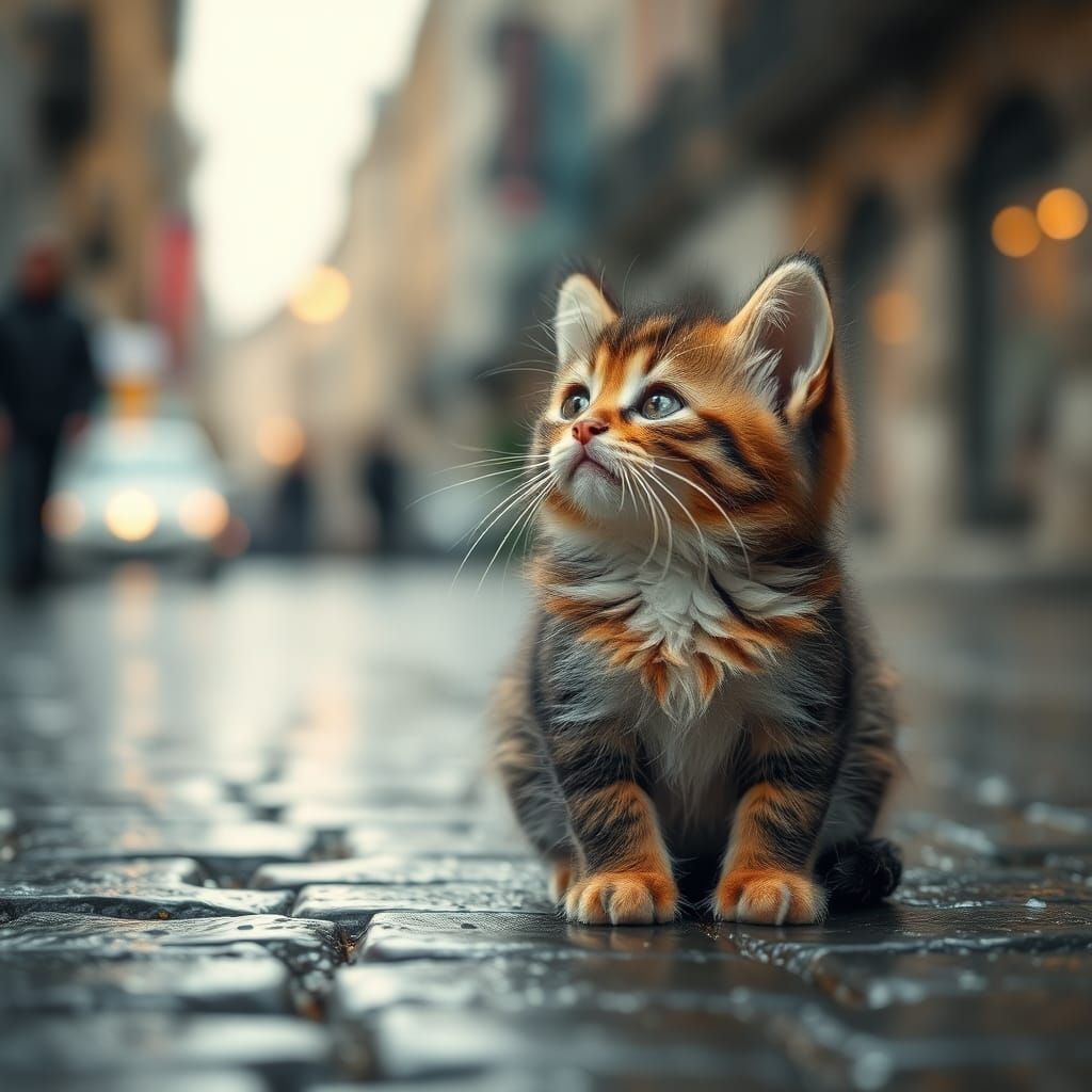 Bedraggled Kitten Looks Up in the Rainy City