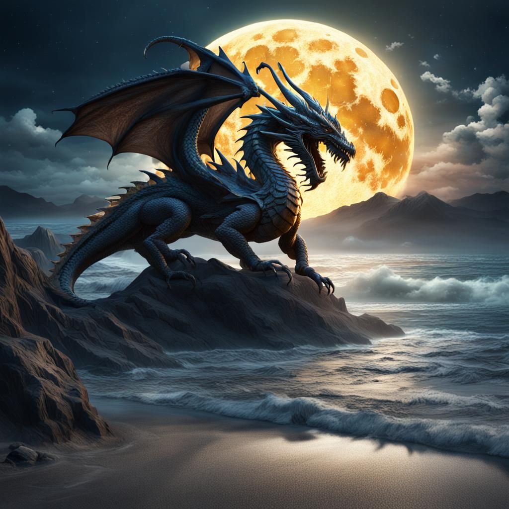 Dragon on Beach with Full Moon, Fantasy Art