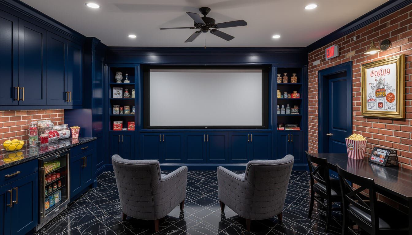 Victorian Movie Room with Dark Blue and Brick Accents
