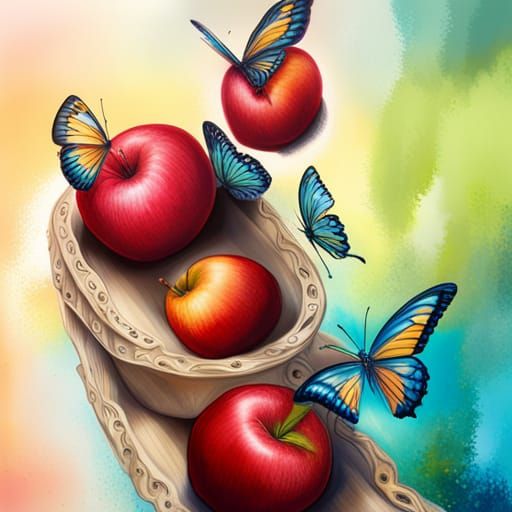 Drawing apples baskets forest butterflies