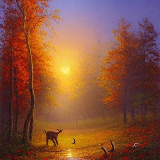 Autumn Forest Sunrise: An Oil Painting