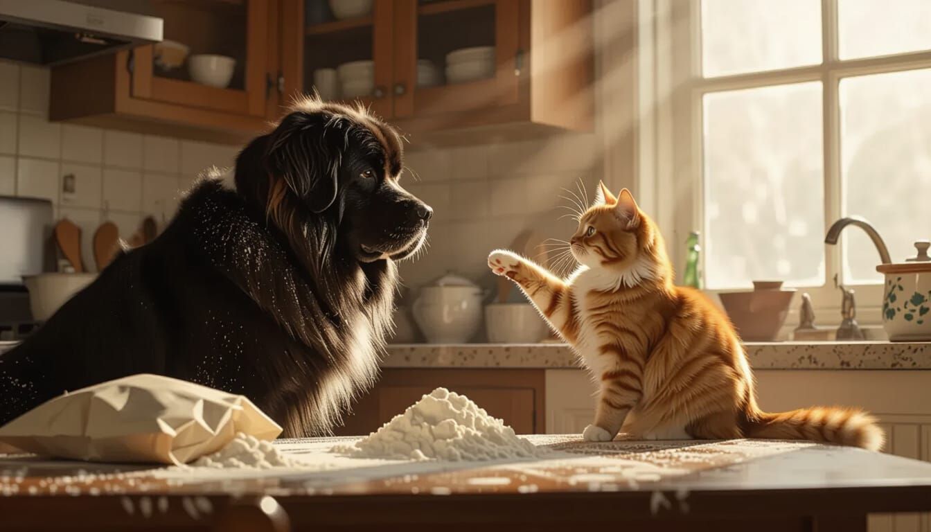 Dog Covered in Flour Faces Blaming Cat in Kitchen