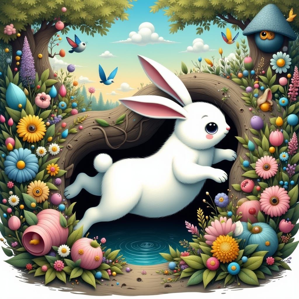 Whimsical Wonderland Bunny Plummets Down a Hole