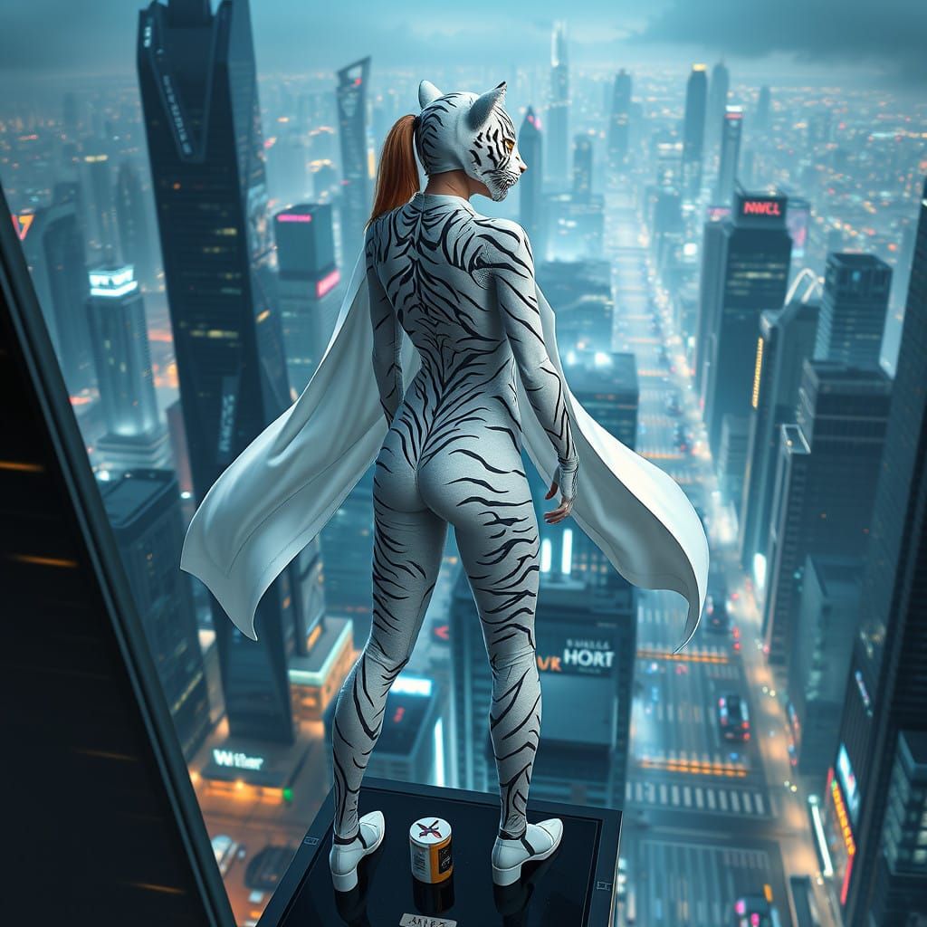 Sleek Superheroine Soars Over Cityscape in Stunning White Ti...