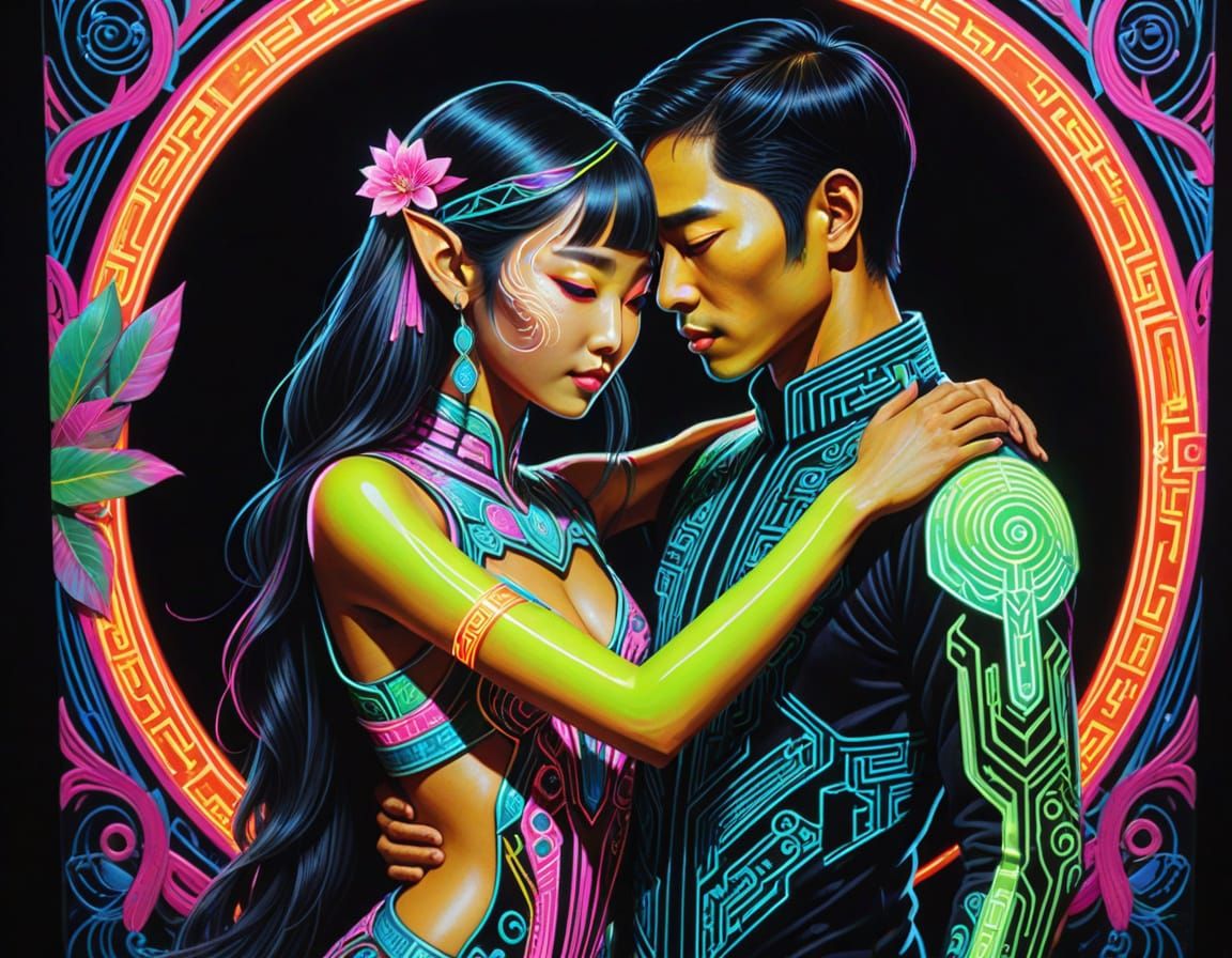 Neon Cyberpunk Couple in Art Nouveau Style