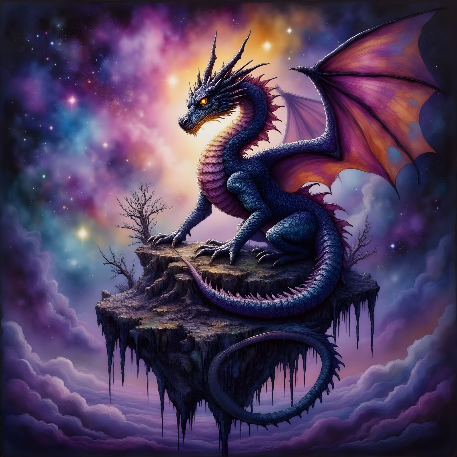 Majestic Dragon on Obsidian Island in Nebula Sky