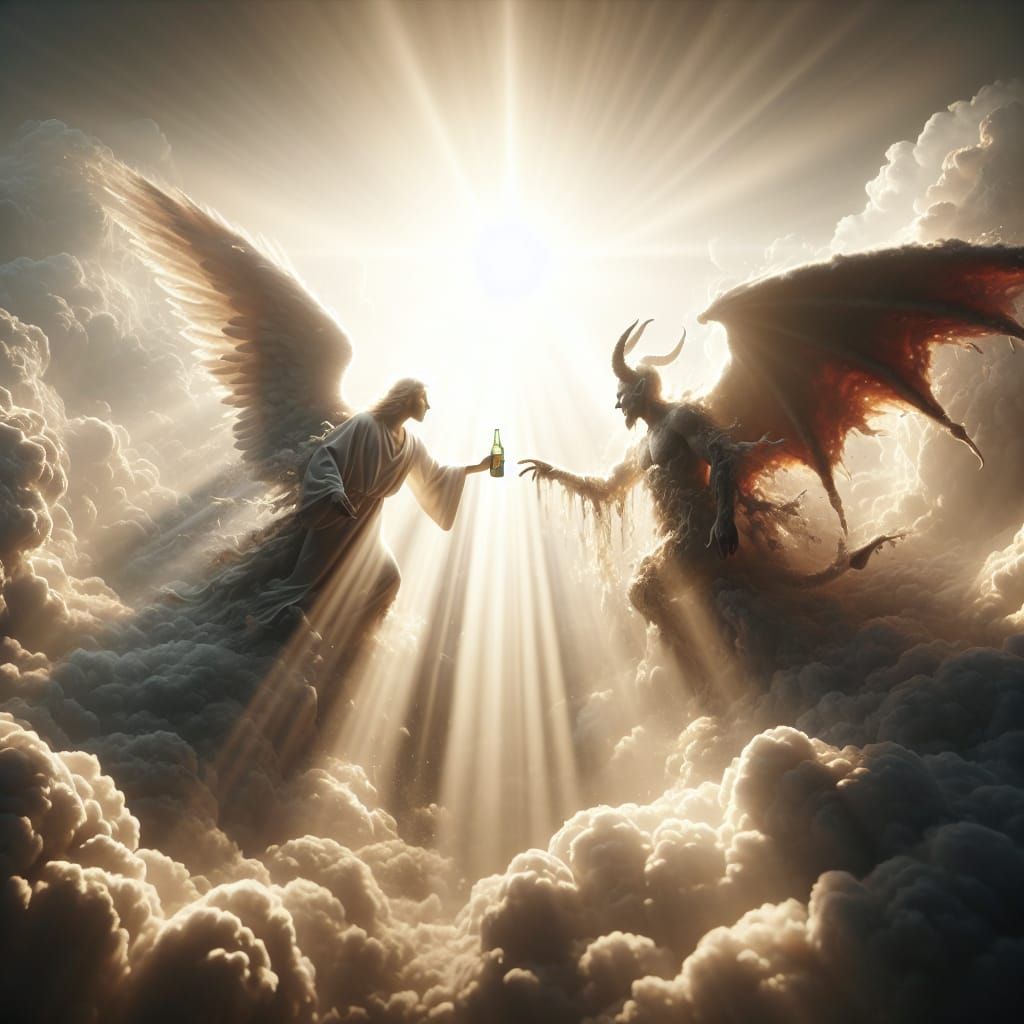 Angels and Demons Share Beer in Heaven
