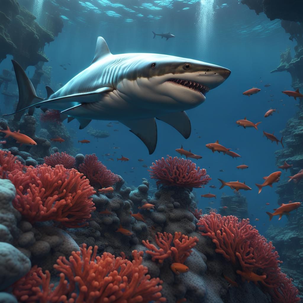 Shark in Blue Water with Coral: Fantasy Art