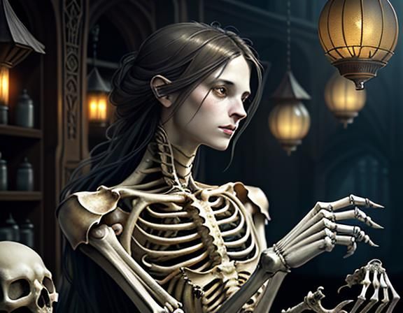Furry Skeleton Cleans Bones: Dark Fantasy Art