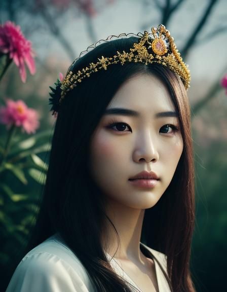 Ethereal Korean Woman with Floral Crown: Hyperrealistic Phot...
