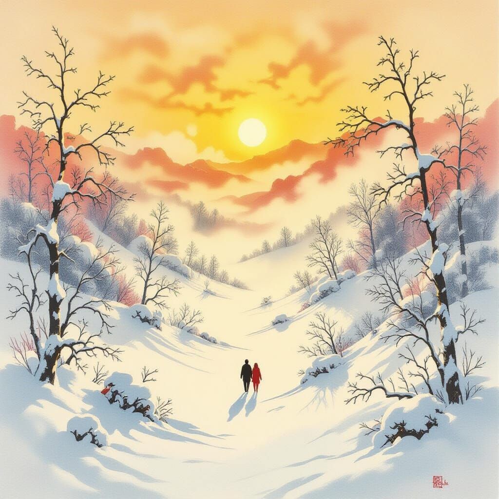 Ethereal Red and Yellow Ink Painting on Snow