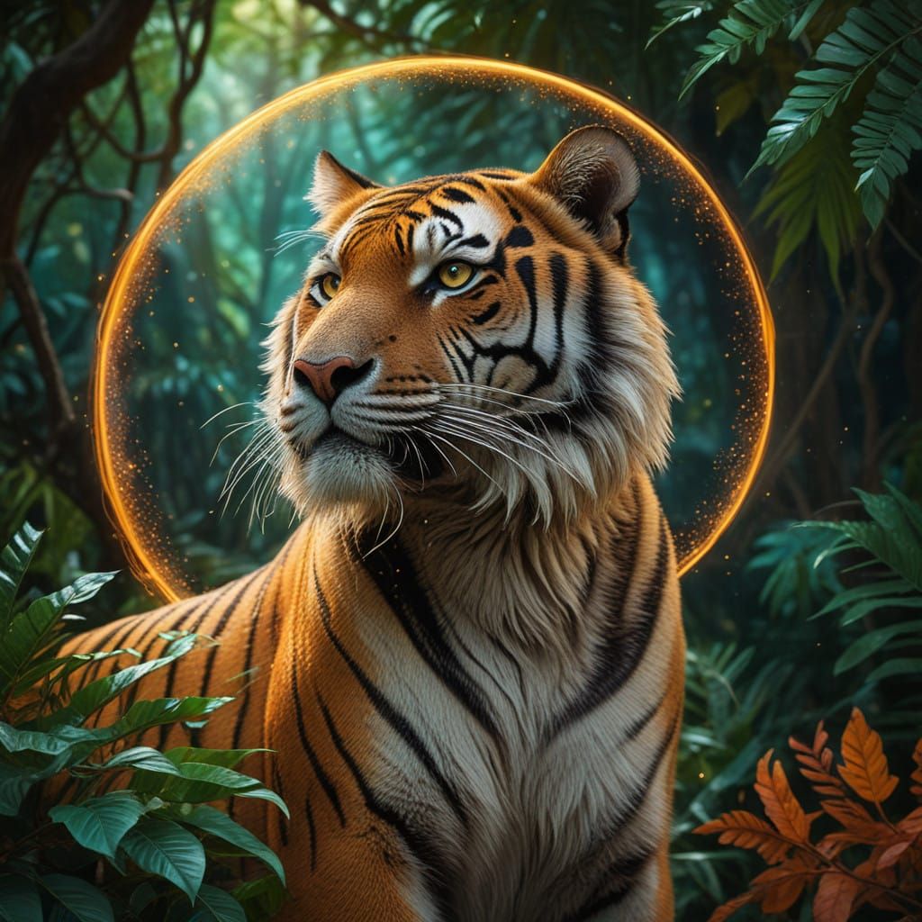 Majestic Tiger in Vibrant Autumn Landscape with Ethereal Glo...