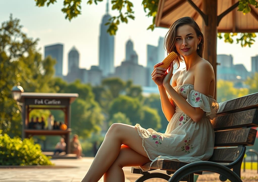 Woman Enjoys Corn in Central Park: Impressionistic Style