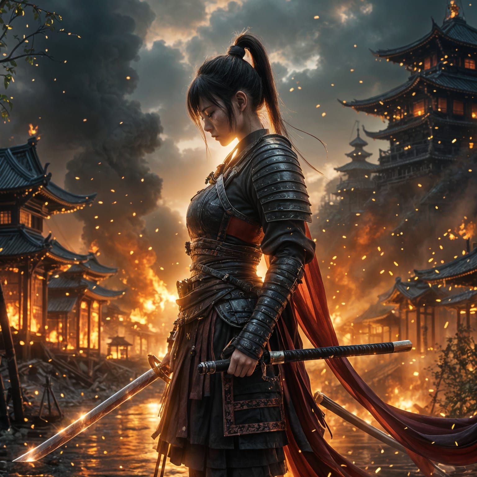 Weeping Samurai Warrior on Fiery Battlefield