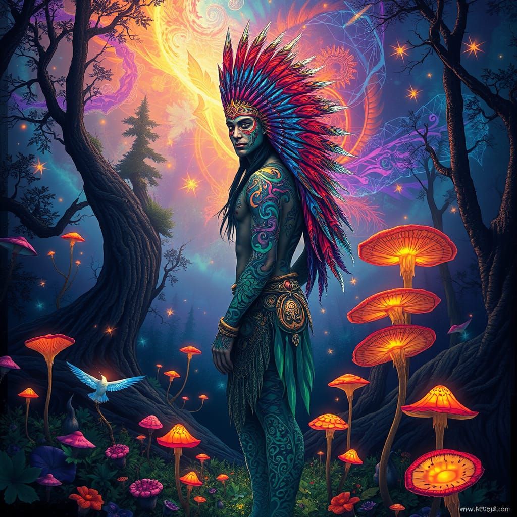 Mystical Shaman in Vibrant Dreamlike Landscape