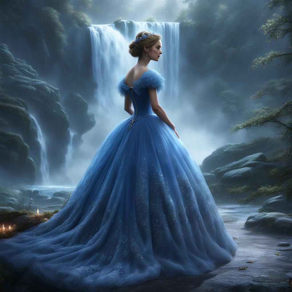 Cinderella in Blue Wedding Dress by Waterfall