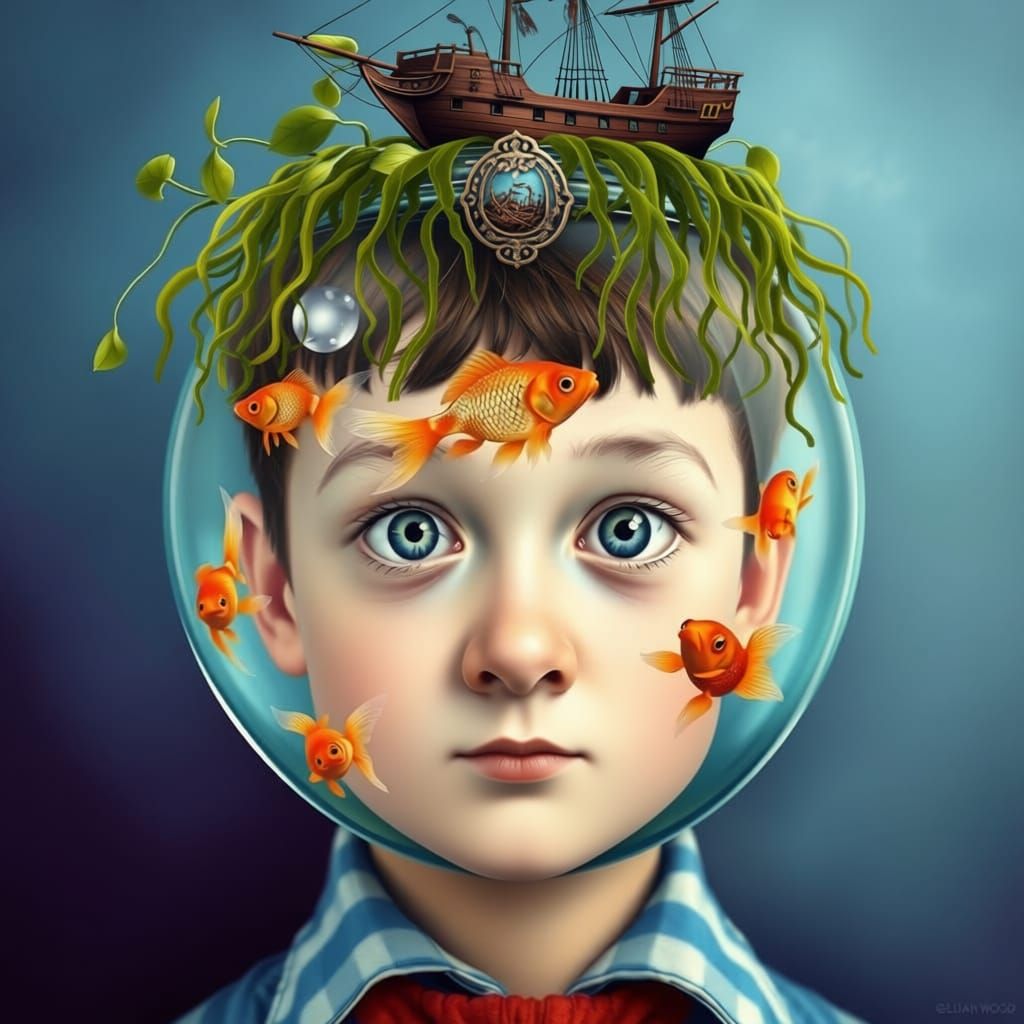 Surreal Portrait of Boy with Fishbowl Hat