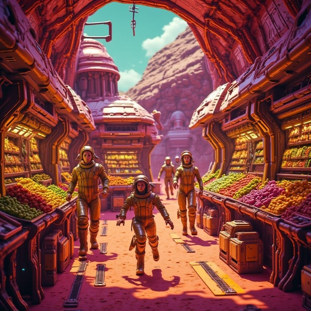 Optimistic Sci-Fi Martian Marketplace Under Artificial Sunla...