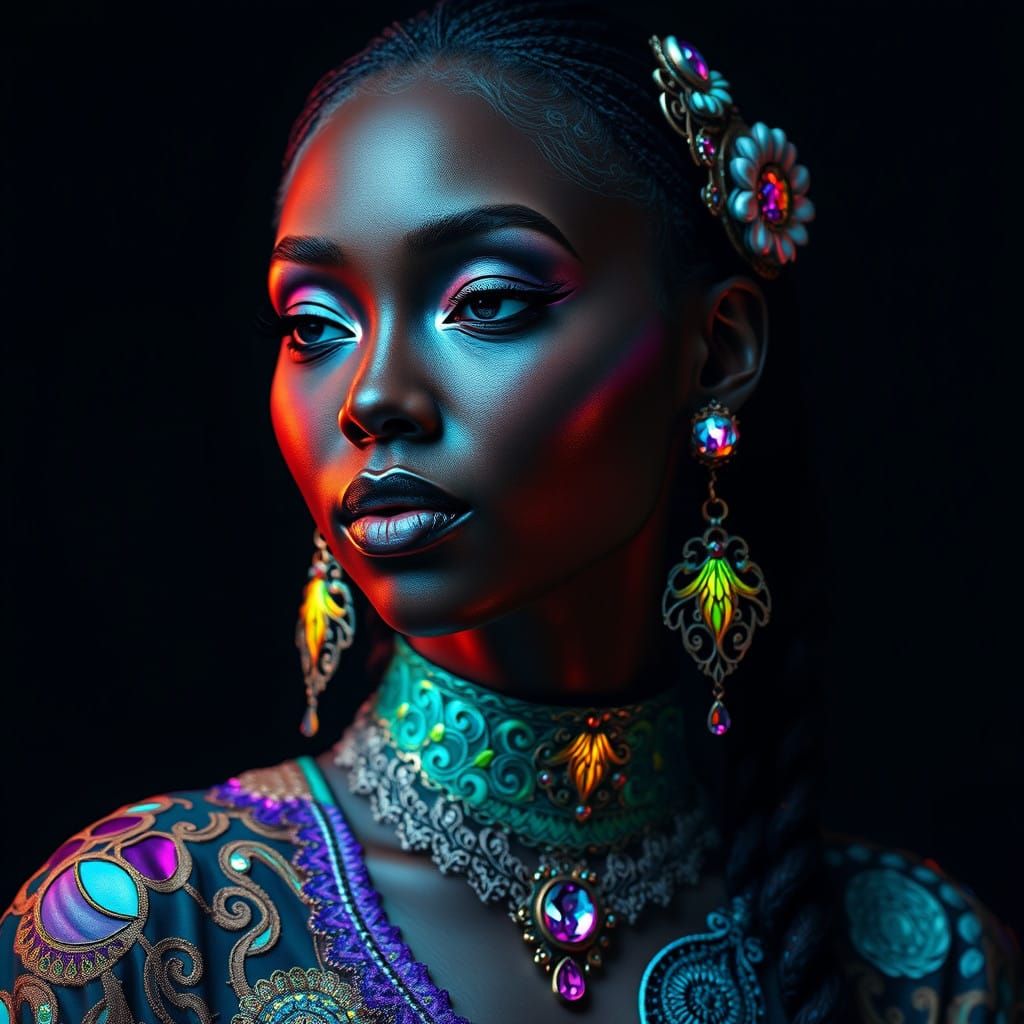 Surreal Goddess in Radiant, Turquoise-Hued Attire with Futur...