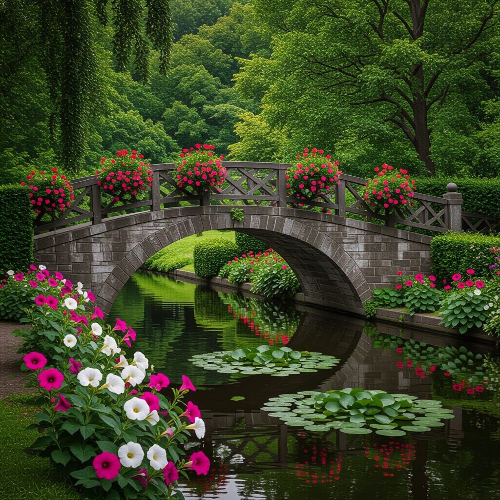 Serene Water Bridge Adorned with Vibrant Flowers