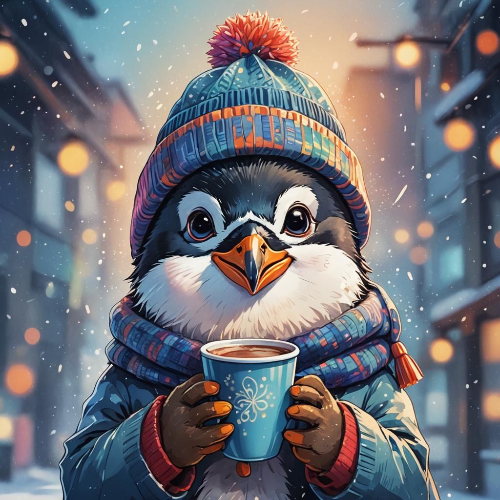 Penguin with Hot Chocolate in Anime Style