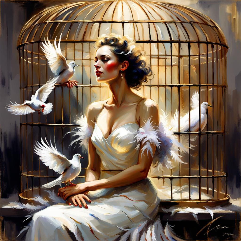Sorrowful Woman in Cage: A Pino Daeni-Inspired Dream