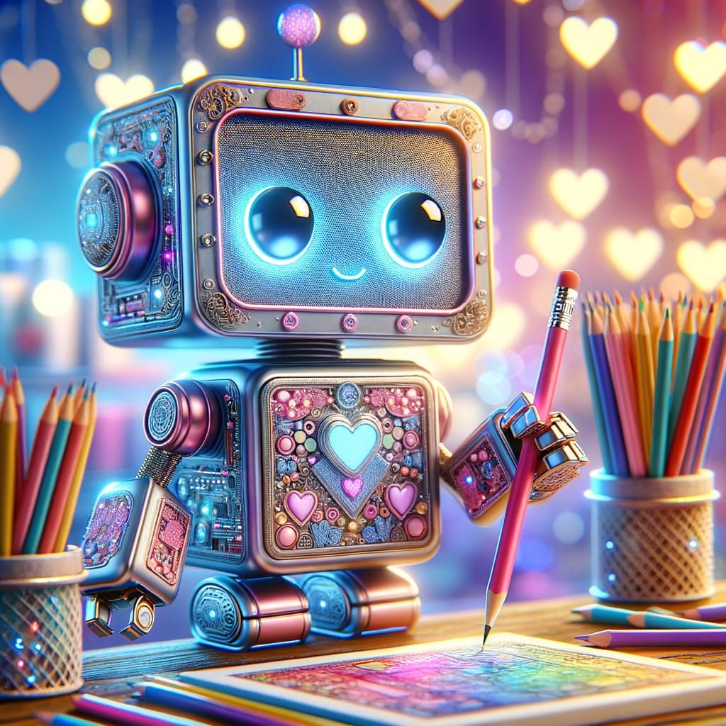 Cute Robot Drawing with Colored Pencils in Art Studio