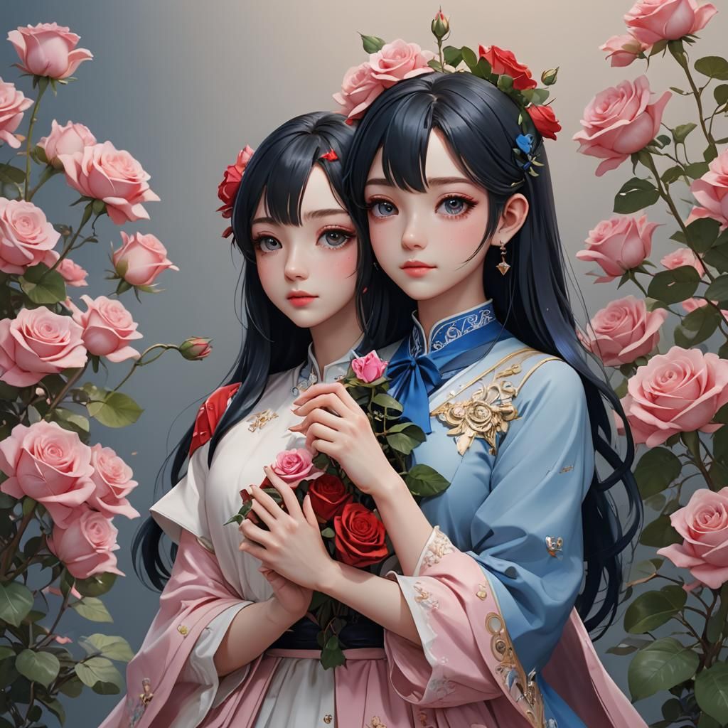 Anime Girl with Blue Rose in 3D Art