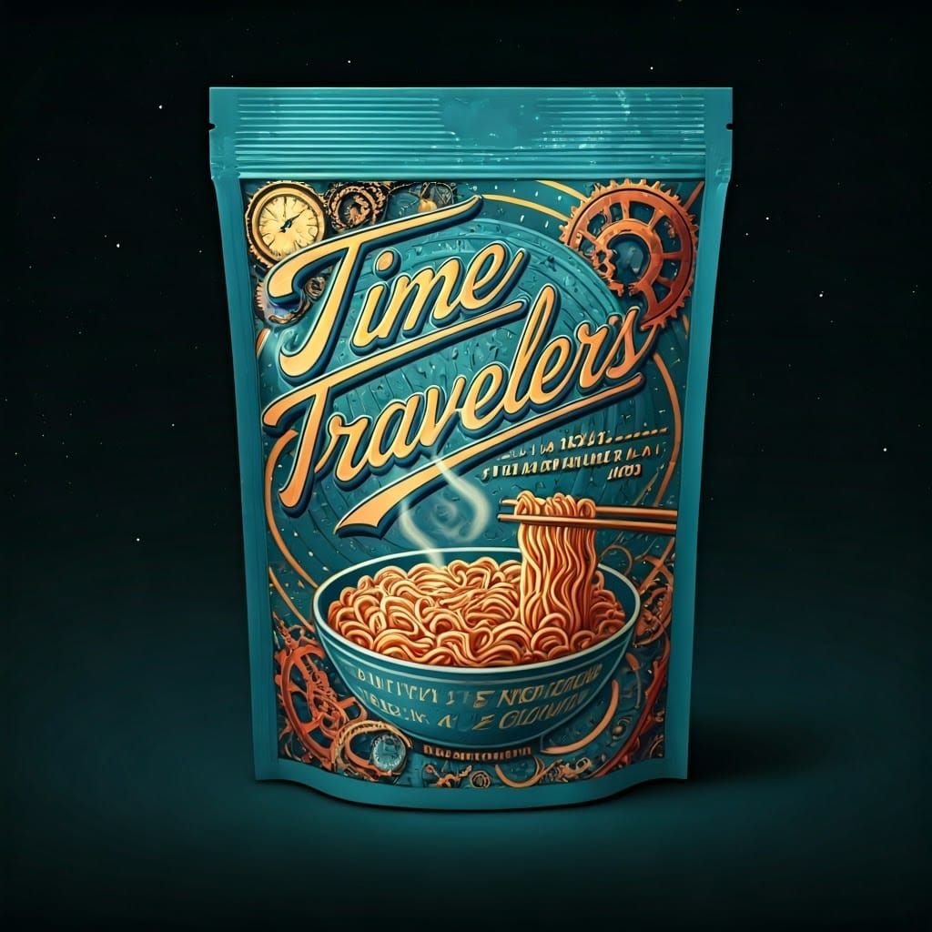 Retro-Futuristic Time Traveler's Instant Noodles Packaging