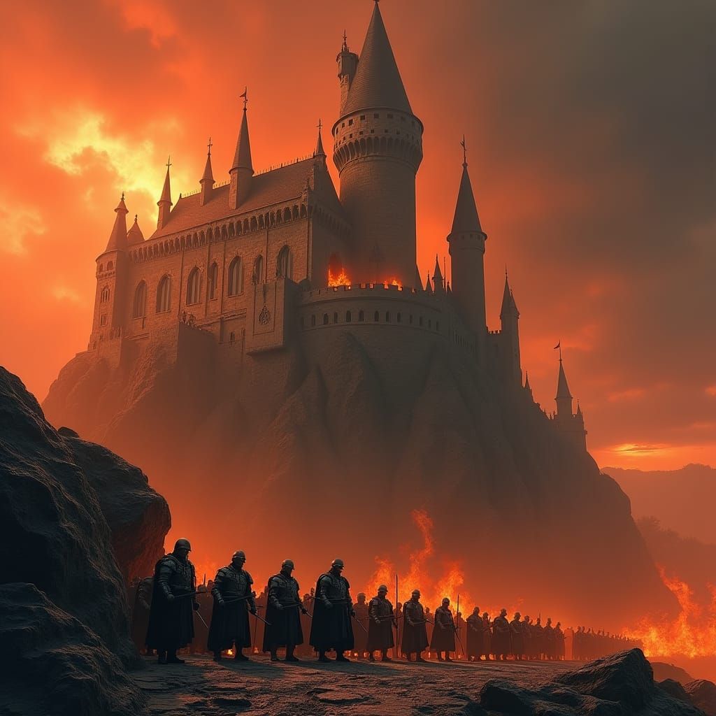 Fiery Gothic Castle with Soldiers in Ominous Landscape