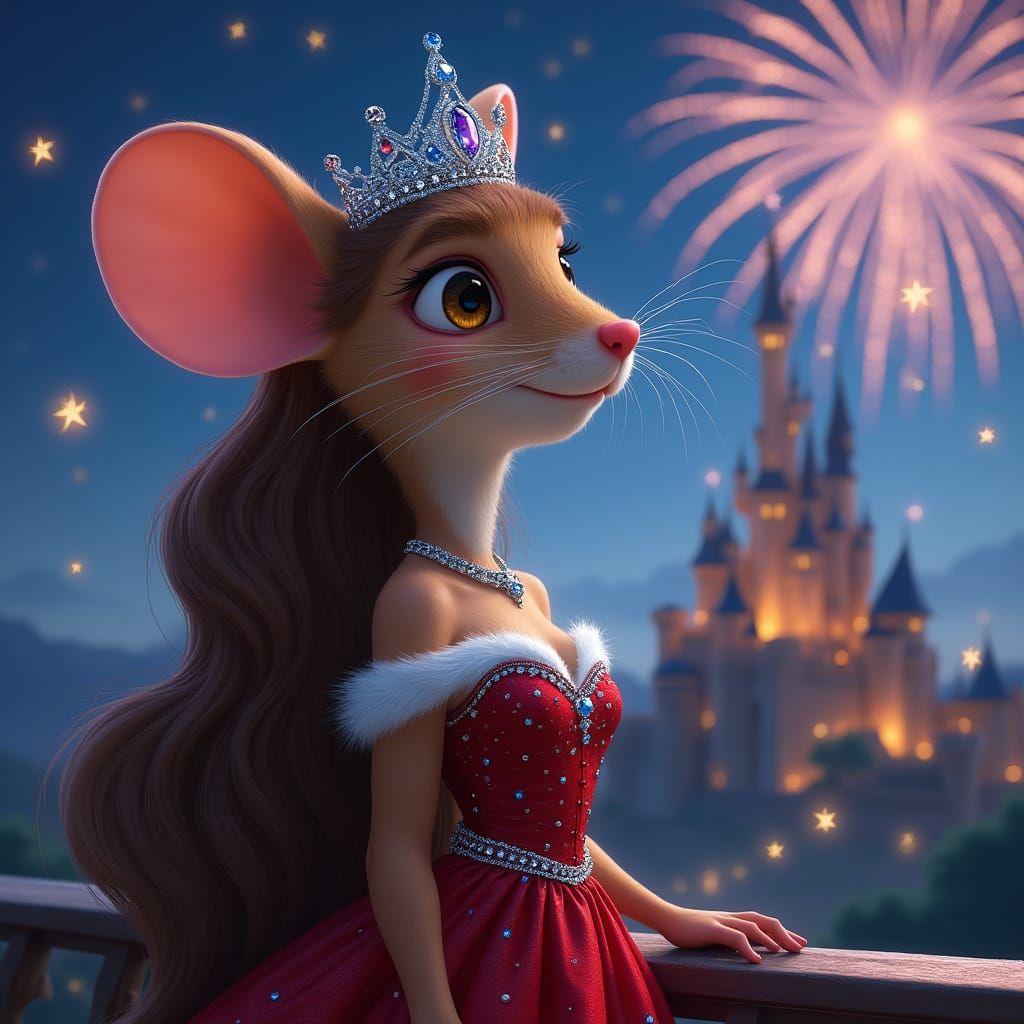 Elegant Mouse Queen Watching Fireworks Display