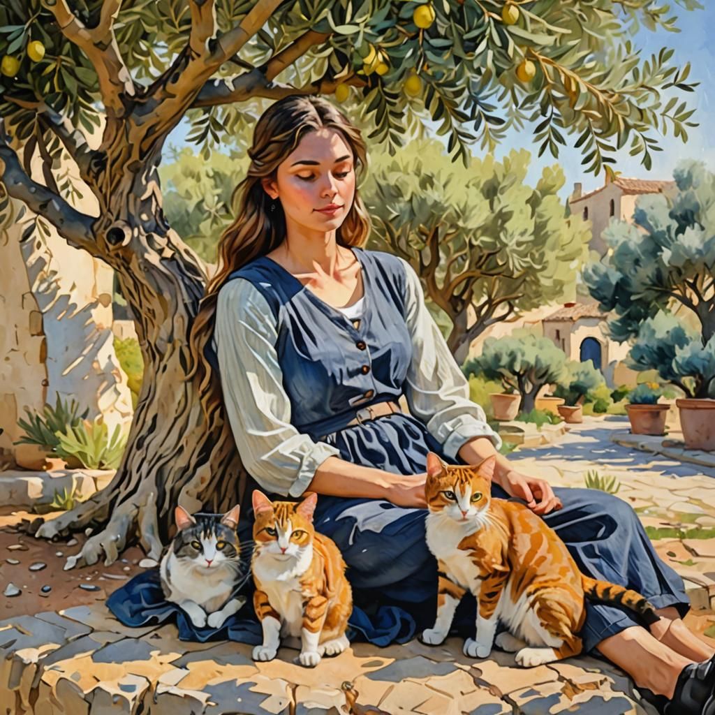Girl with Cats Under Olive Tree, Gouache Style