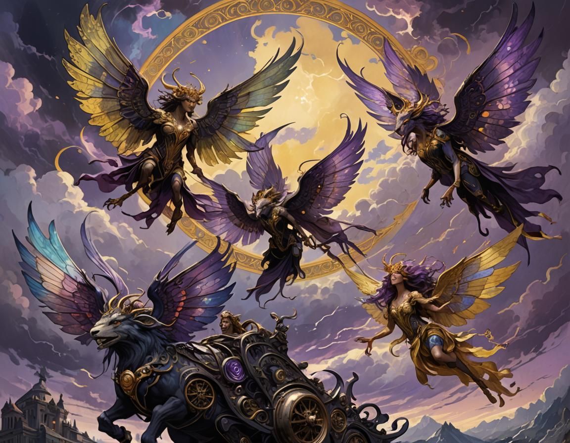 Majestic Creatures in Stormy Sky, Art Nouveau Style