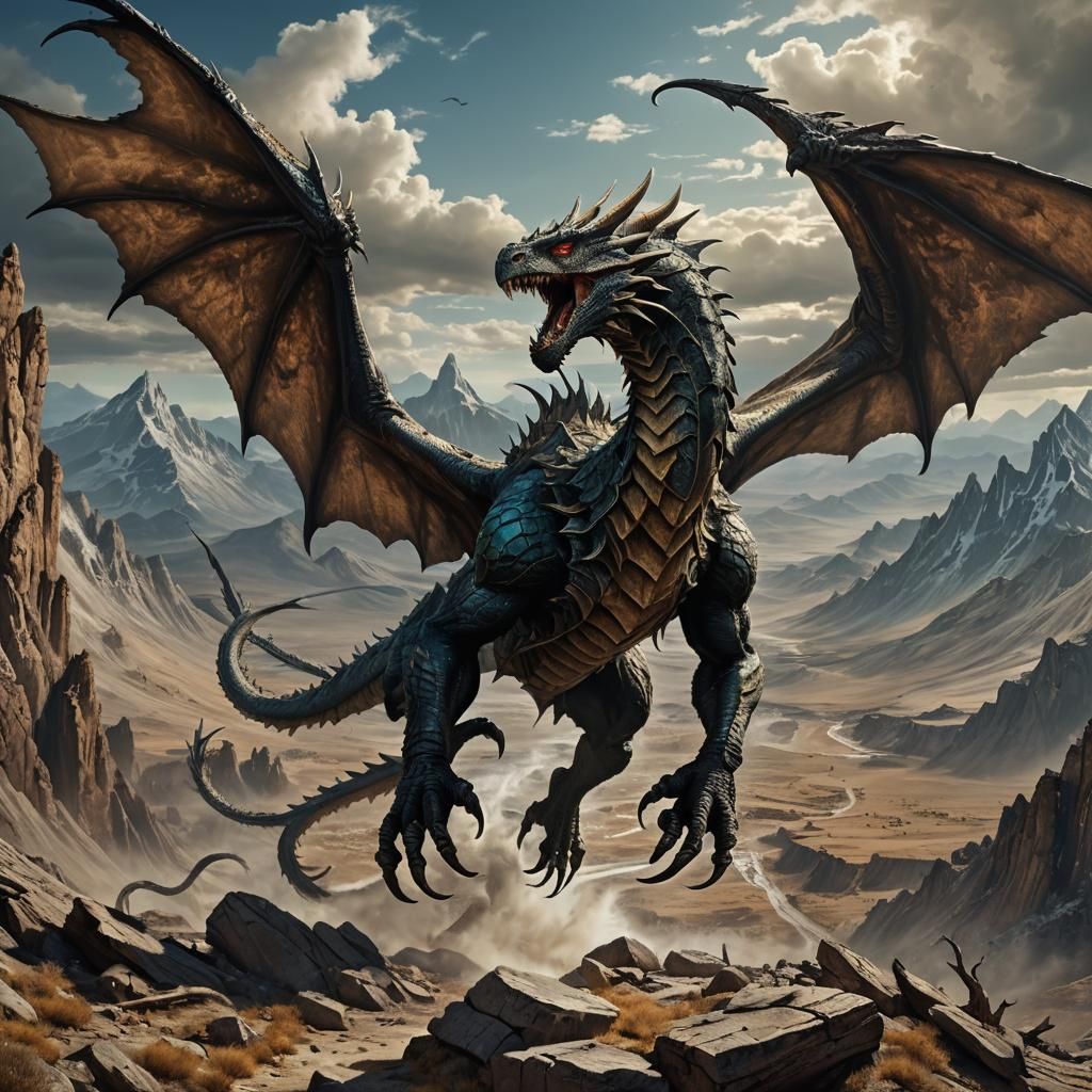 Winged Serpentine Wyvern Over Barren Wasteland